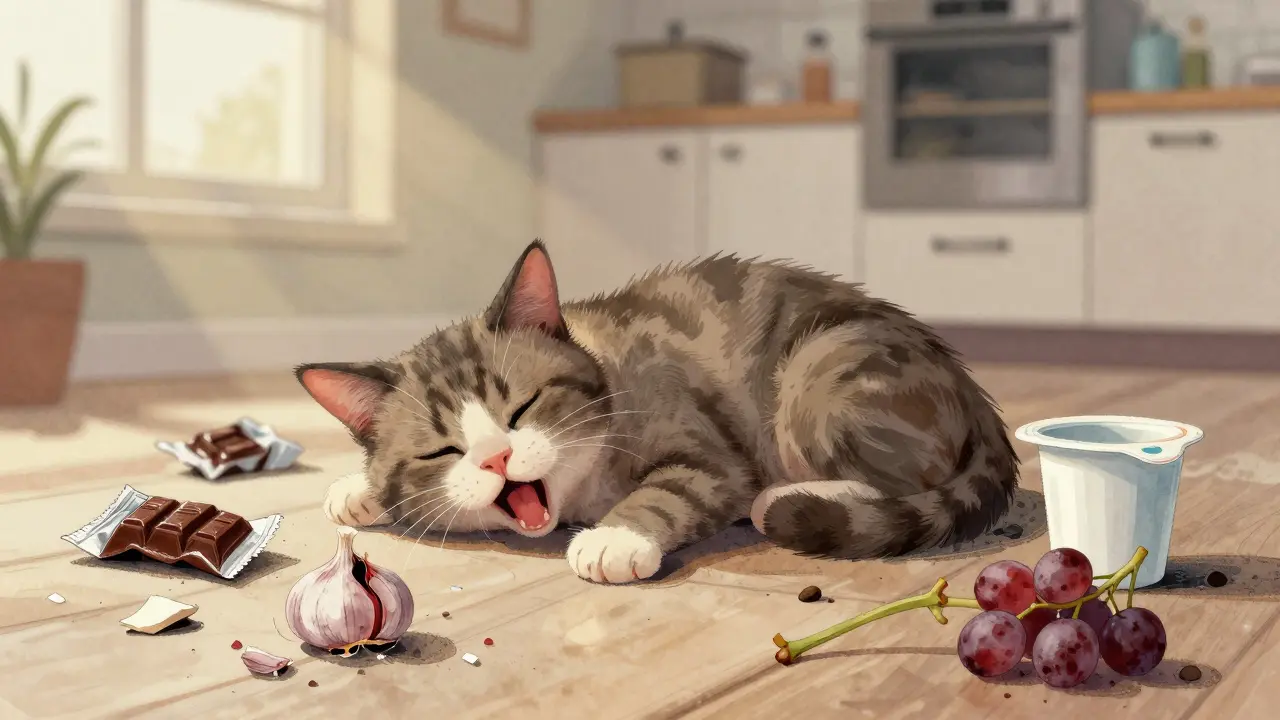 Бледный кот на полу с признаками отравления, вокруг разбросаны запрещённые продукты.