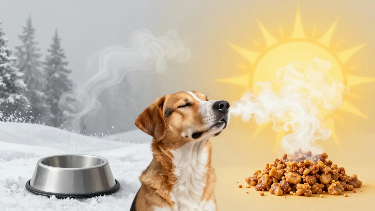 Концептуальное изображение: холодная еда с тусклым запахом против тёплой еды с яркими ароматическими облаками для собаки.