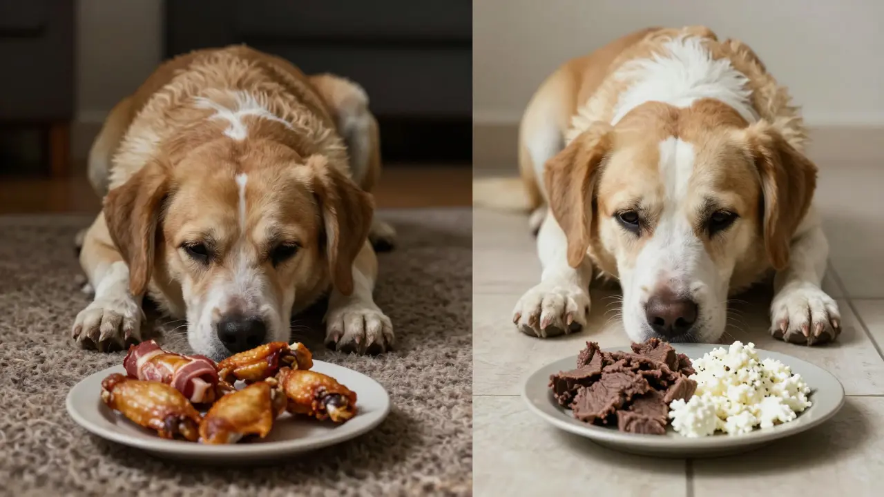 Контраст: собака в приступе рядом с вредной едой и та же собака в покое после правильного рациона.