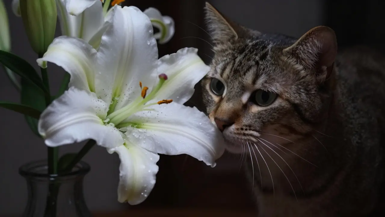 Кошка обнюхивает лилию с пыльцой на морде