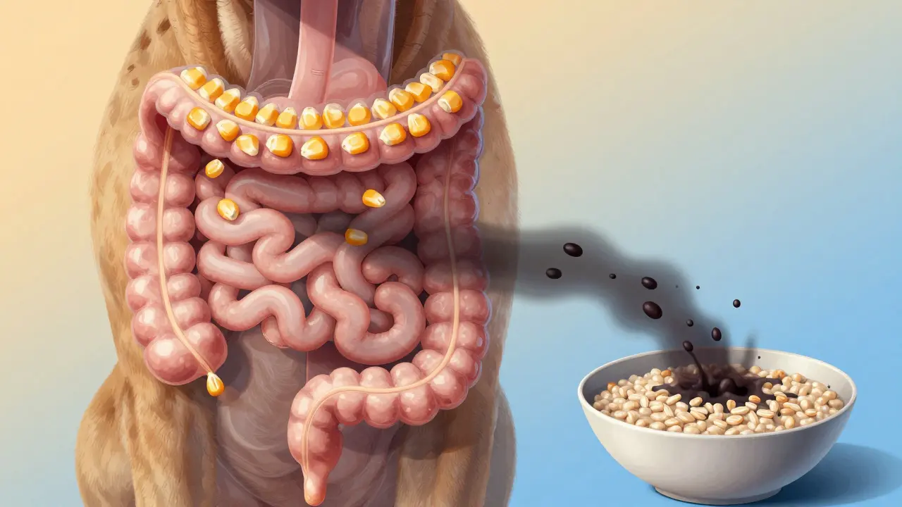 Прозрачный разрез пищеварительного тракта собаки с непереваренными зёрнами кукурузы и токсичными молекулами глютена.