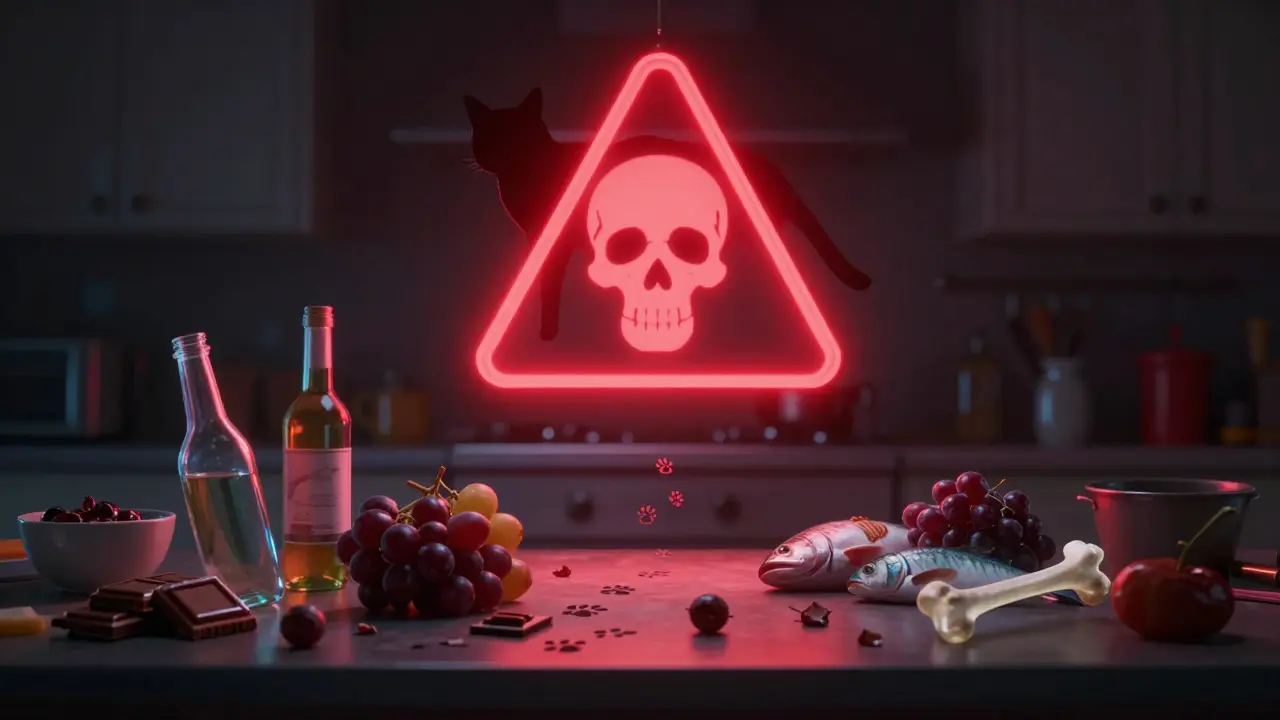 Силуэт кота перед предупреждающим знаком с опасными продуктами, светящимися как угроза.