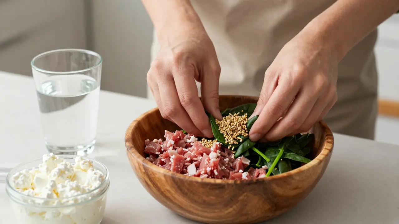 Владелец смешивает крольчатину, шпинат и костную муку для собаки с судорогами.