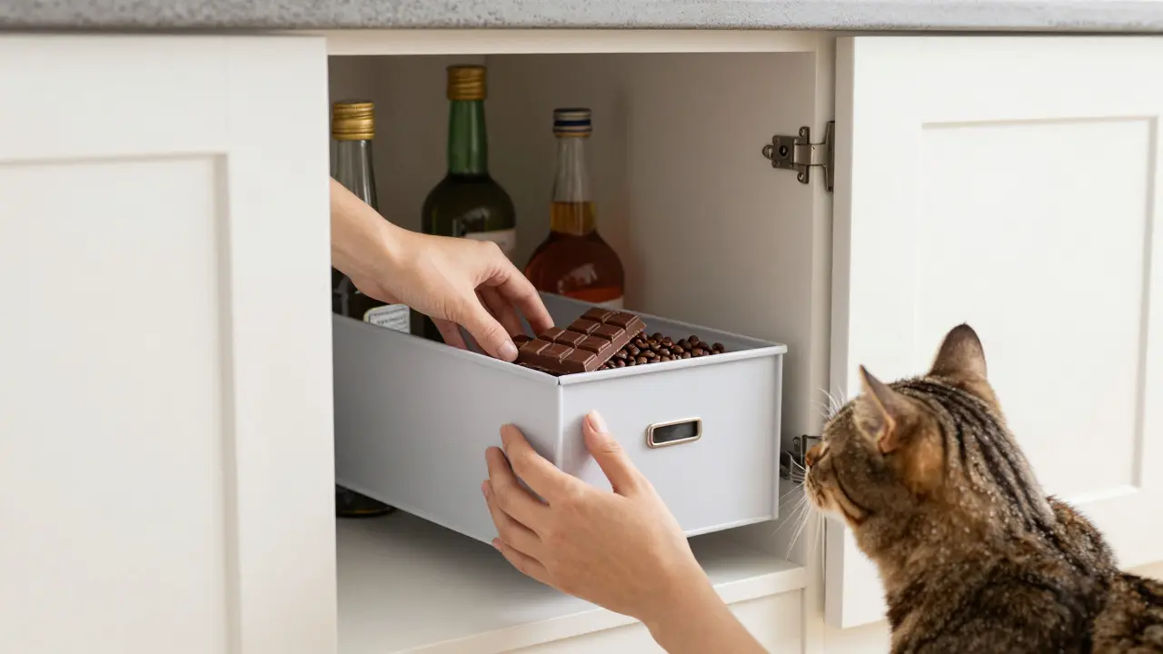 Закрытый шкаф с токсичными продуктами, кошка снаружи