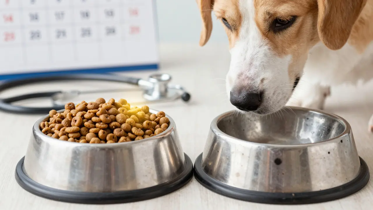 Две миски: одна с свежим кормом, другая — испорченным, собака между ними.