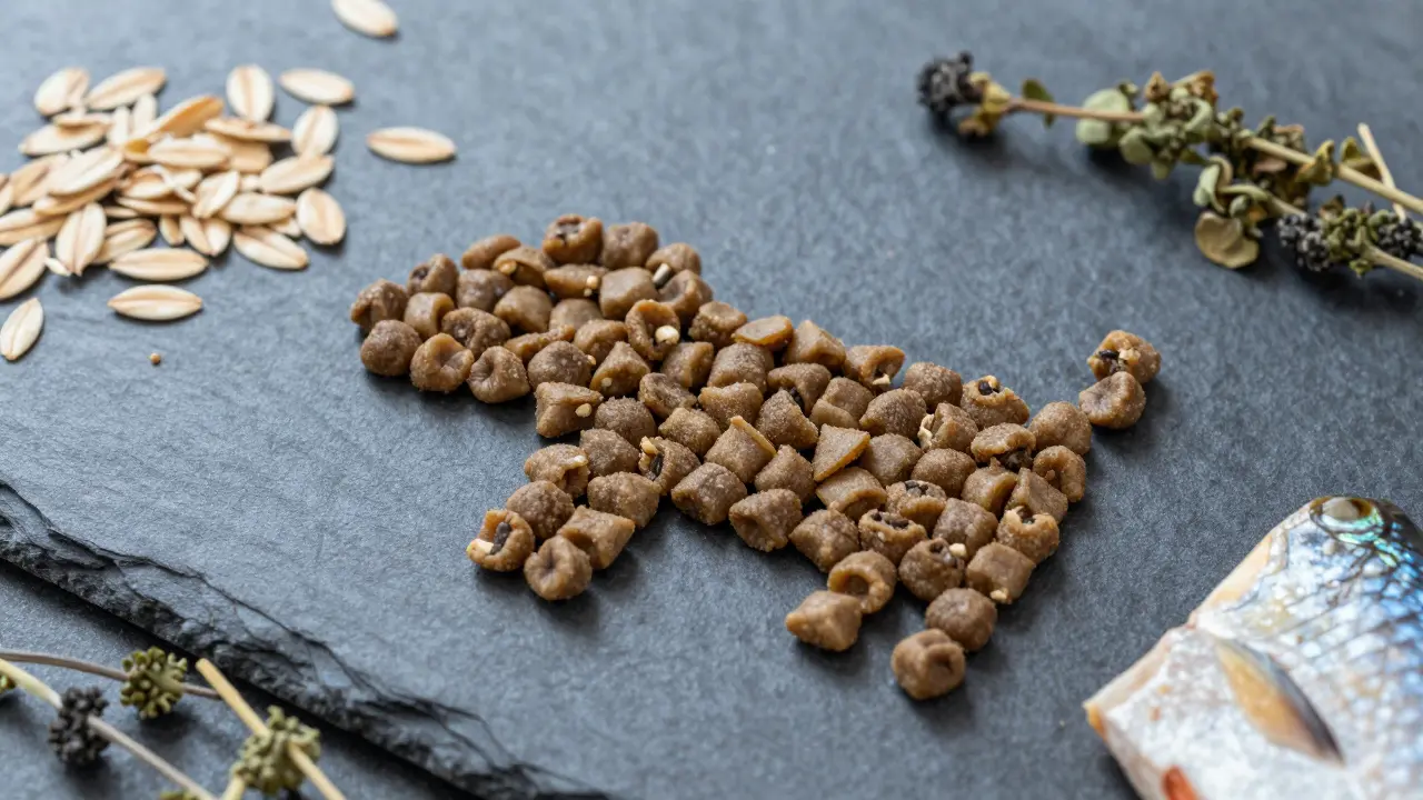 Гранулы корма и натуральные ингредиенты на тёмном фоне