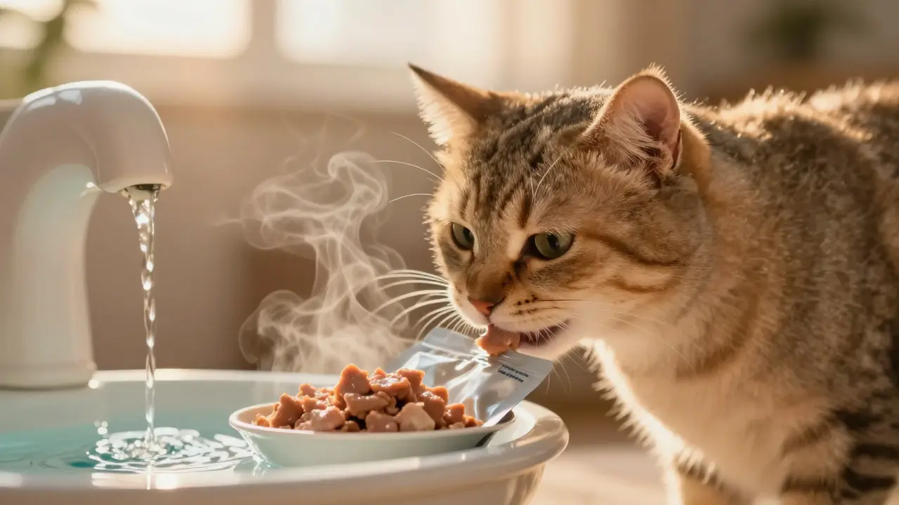 Кошка ест влажный корм, рядом струится вода из фонтанчика.