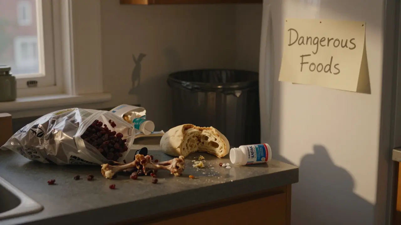 Кухня с опасными продуктами: изюм, дрожжевое тесто, кости и жевательная резинка.