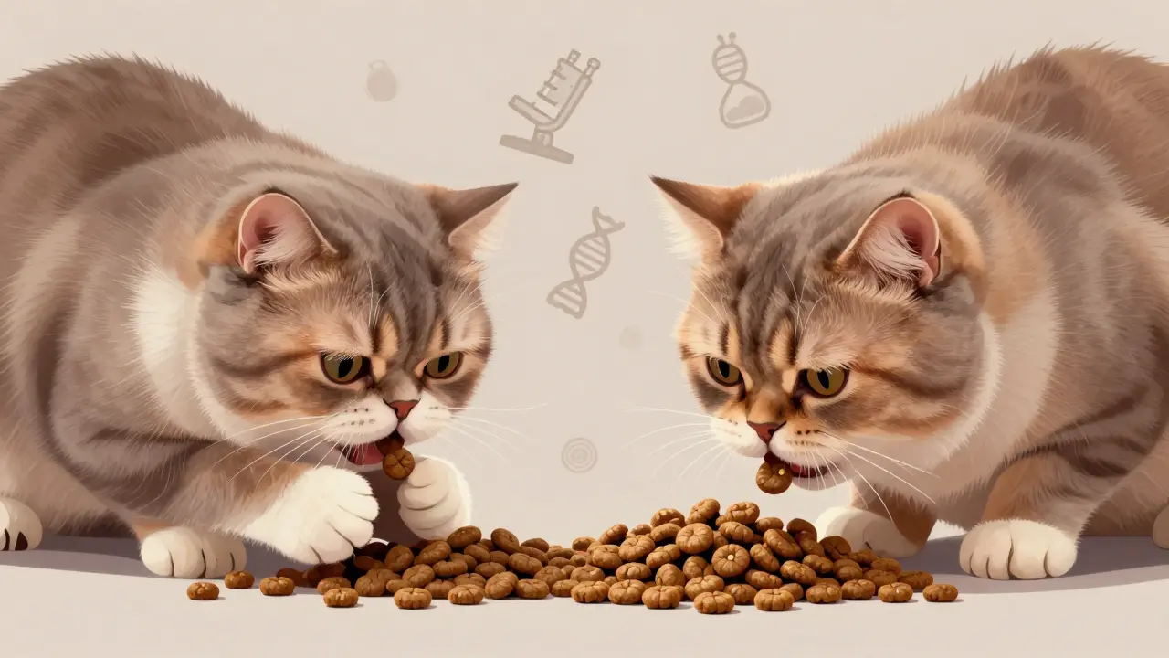 Персидская кошка ест маленькие гранулы Royal Canin, специально разработанные для плоской мордочки.