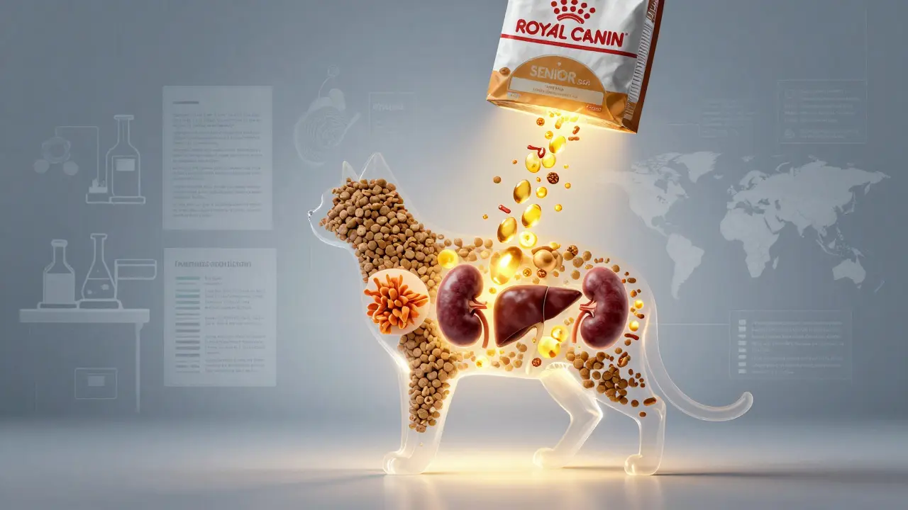 Прозрачная кошка с внутренними светящимися питательными элементами, над ней — упаковка Royal Canin Senior.