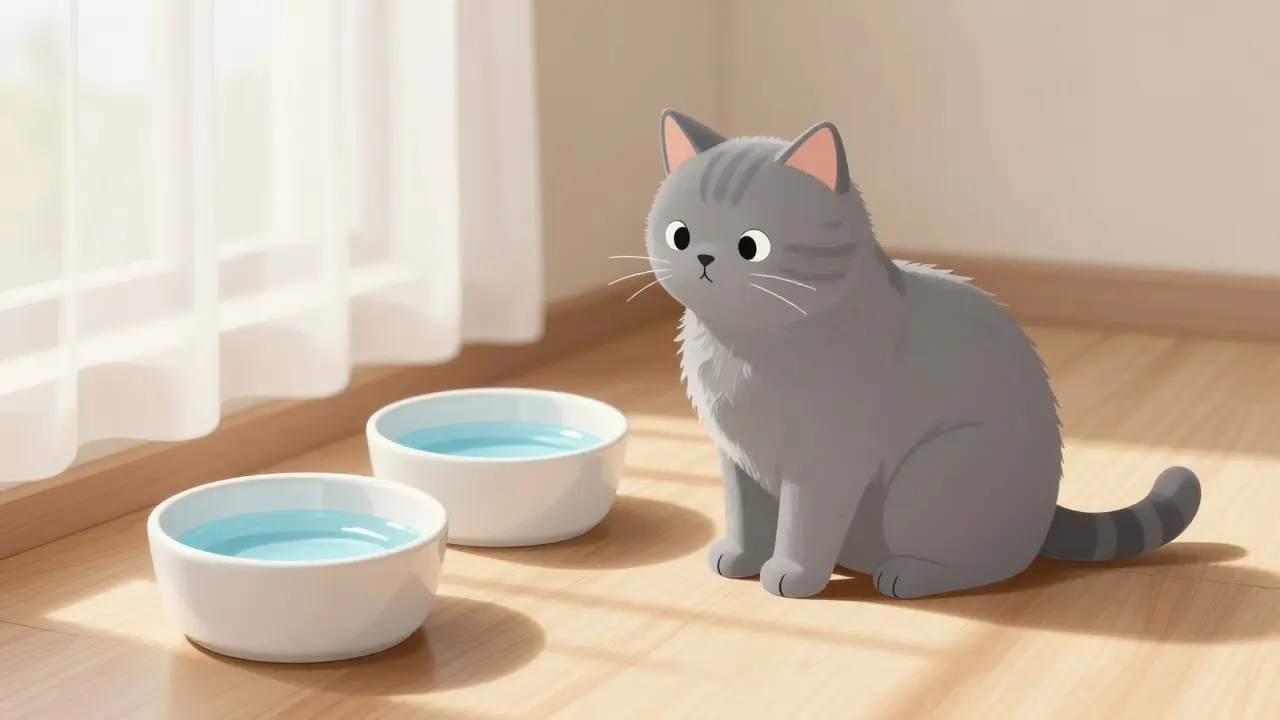 Рыжий кот пьет воду из керамической миски при мягком свете