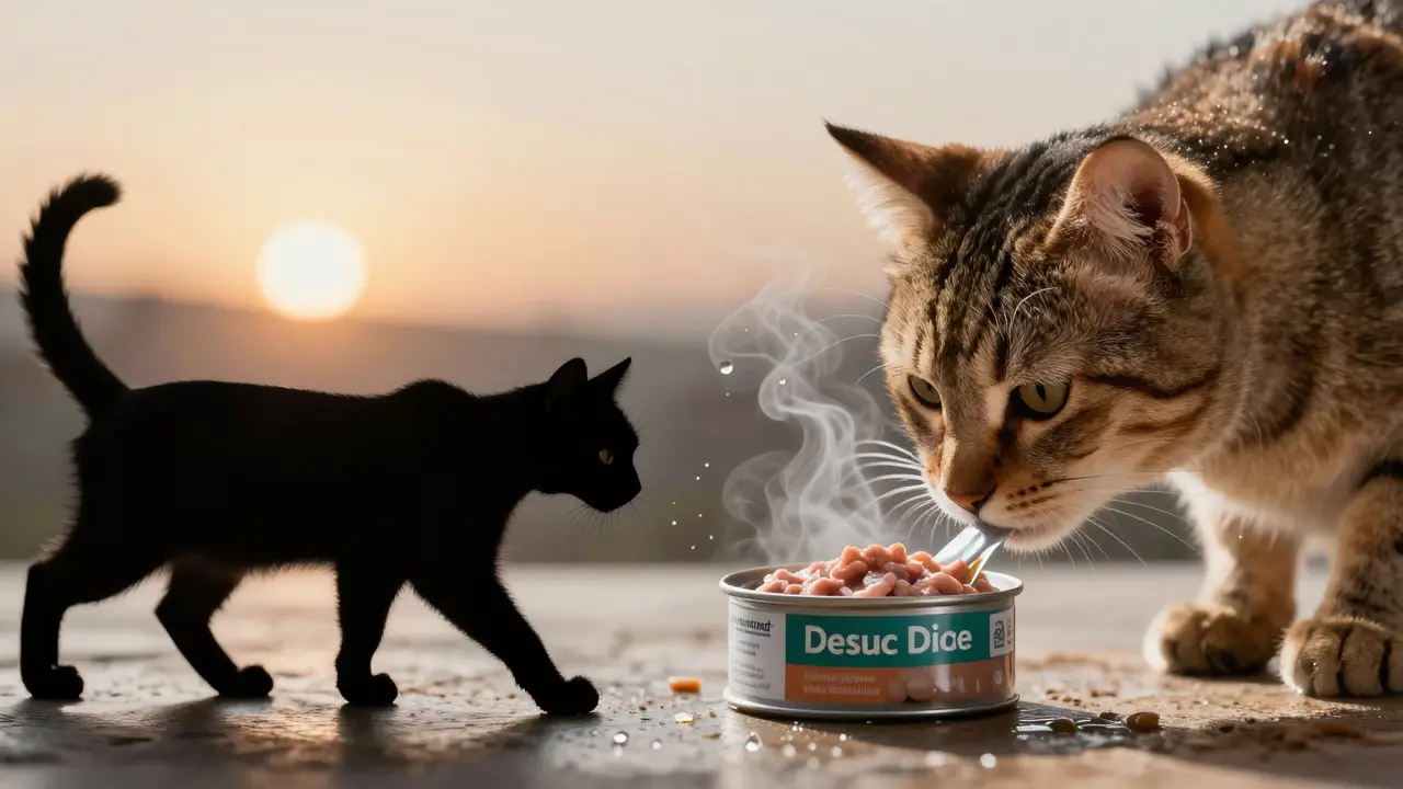 Силуэт дикой кошки переходит в домашнюю, обнюхивающую свежий влажный корм с паром и каплями влаги.