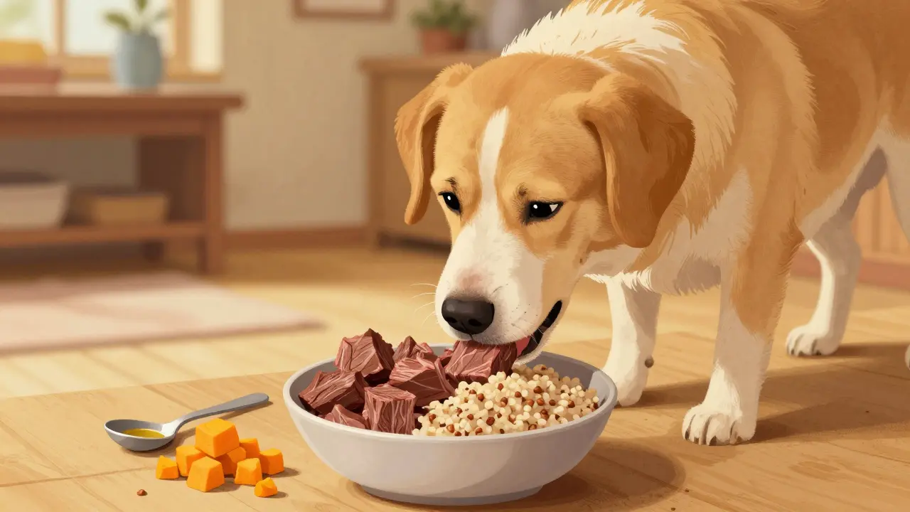 Собака ест из миски смесь мяса и крупы в пропорции 2:1, рядом овощи и рыбий жир.