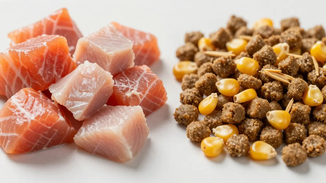 Сухой корм и свежие куски мяса лежат рядом в качестве сравнения