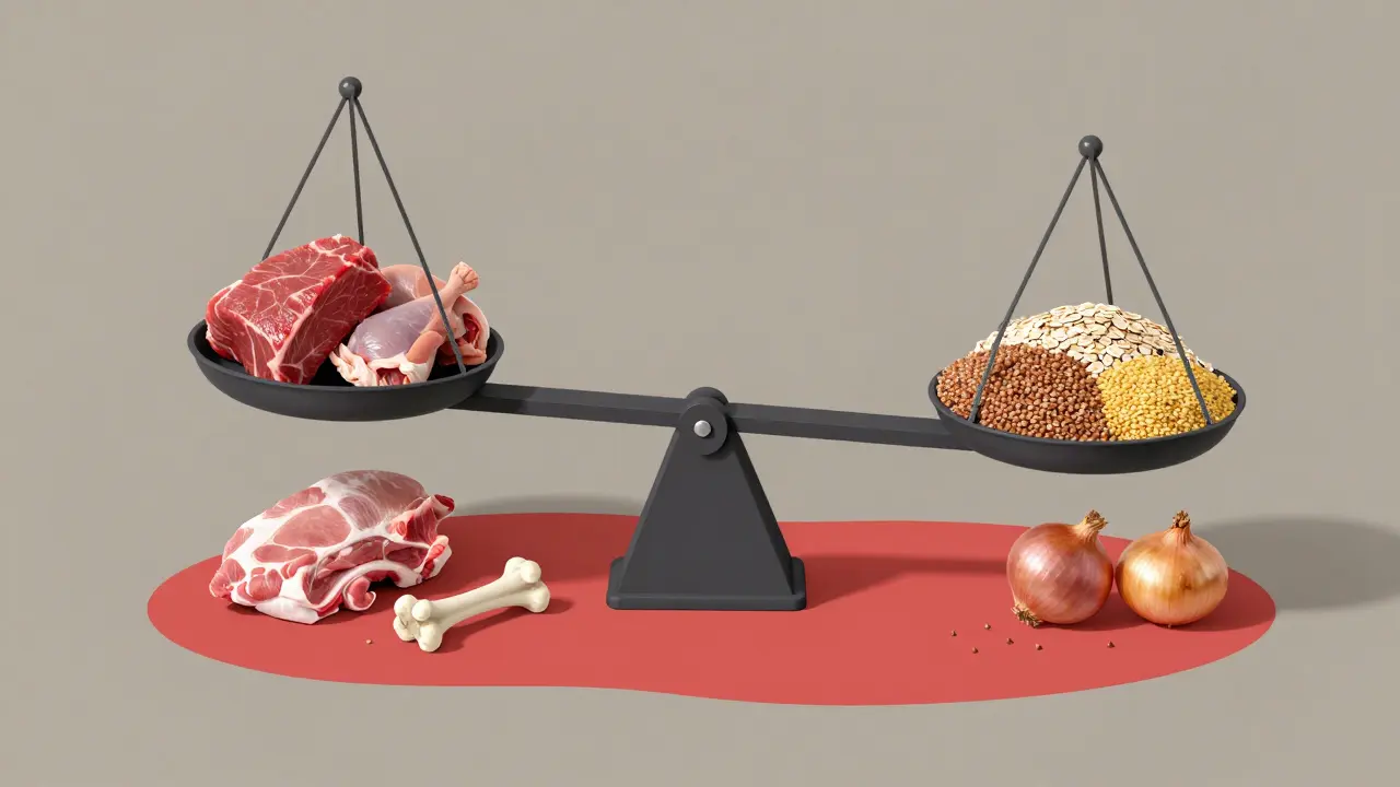 Весы с мясом и безопасными крупами с одной стороны, а с другой — запрещённые продукты, падающие в зону опасности.