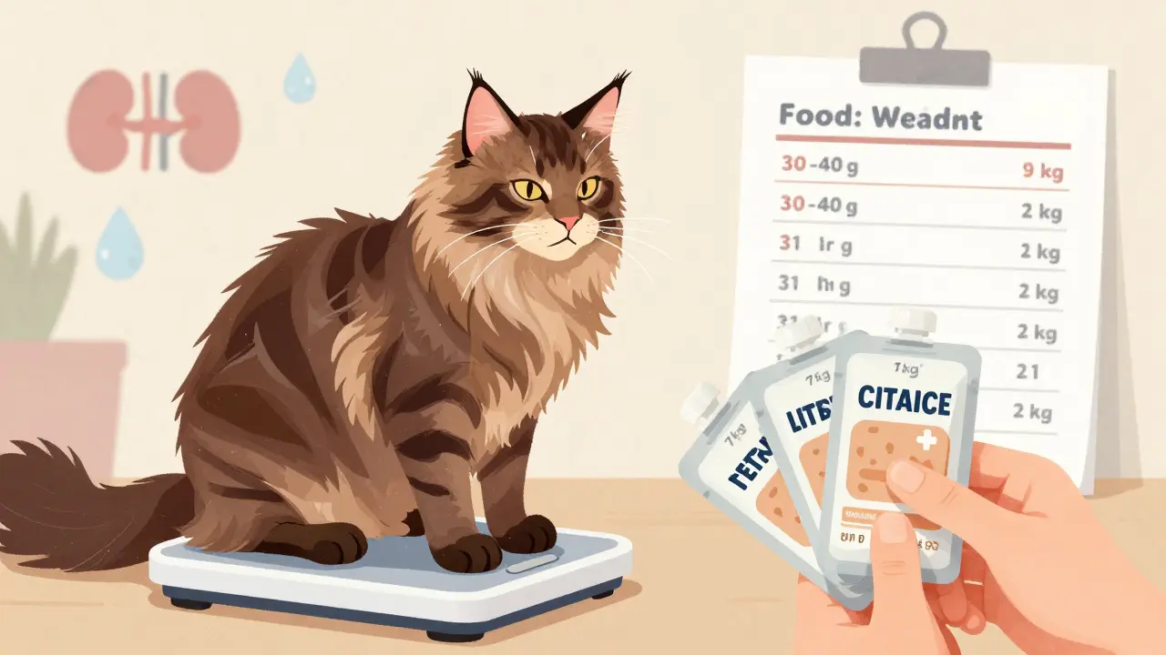Ветеринар взвешивает крупную кошку, рядом — пакетики корма и диаграмма соотношения веса и порции.