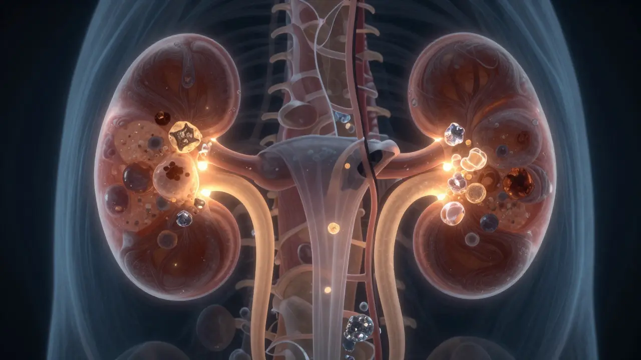 Внутреннее устройство почек кошки с кристаллами камней из-за обезвоживания.