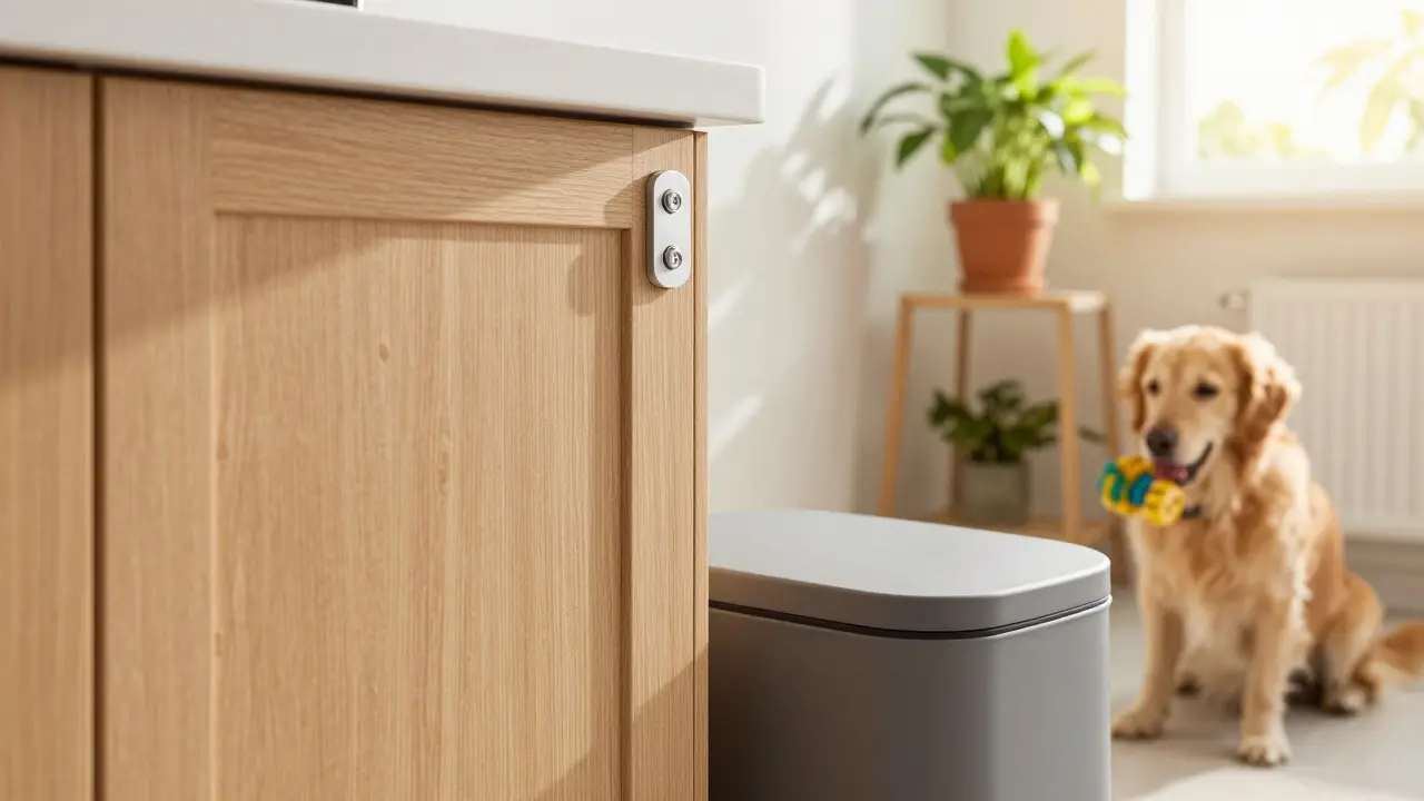 Безопасная домашняя среда с заблокированными шкафами и игрушкой для собаки