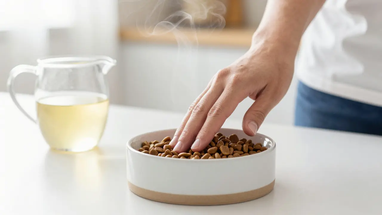 Человек проверяет температуру еды для собаки тыльной стороной ладони