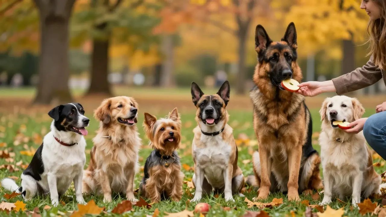 Йоркширский терьер и немецкая овчарка едят кусочки яблок в осеннем парке