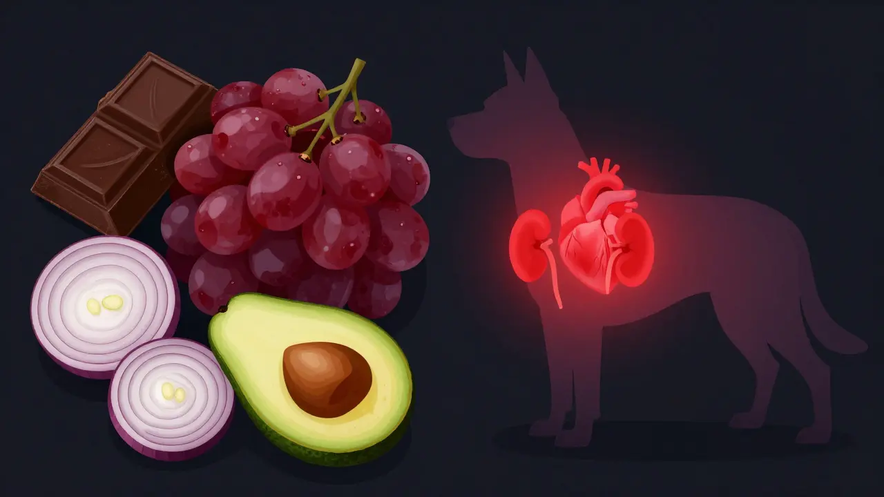 Концептуальное изображение опасных продуктов и их влияния на органы собаки