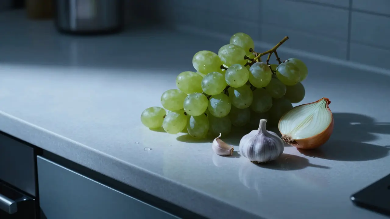 Натюрморт с опасными для собак продуктами: виноградом, чесноком и луком