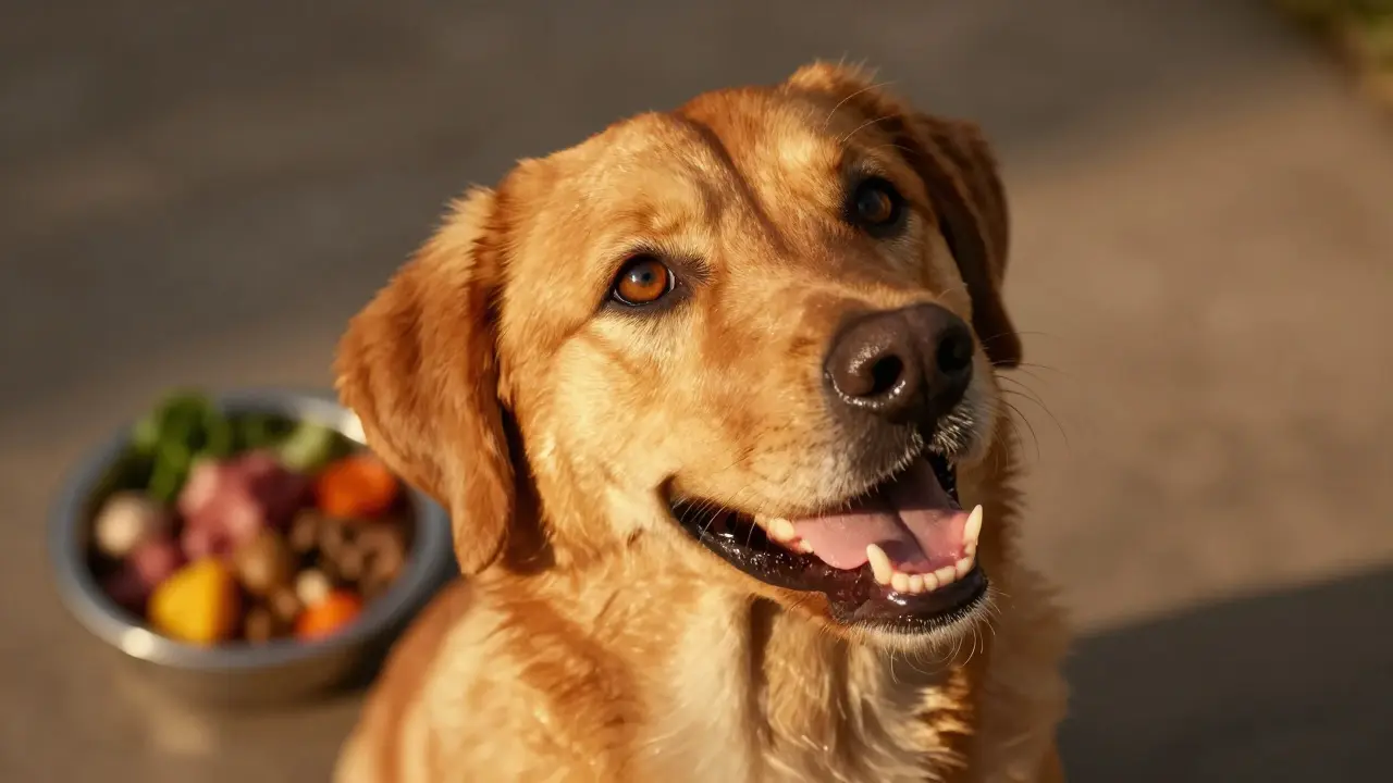 Портрет здоровой собаки с блестящей шерстью и ясными глазами после перехода на натуральное питание