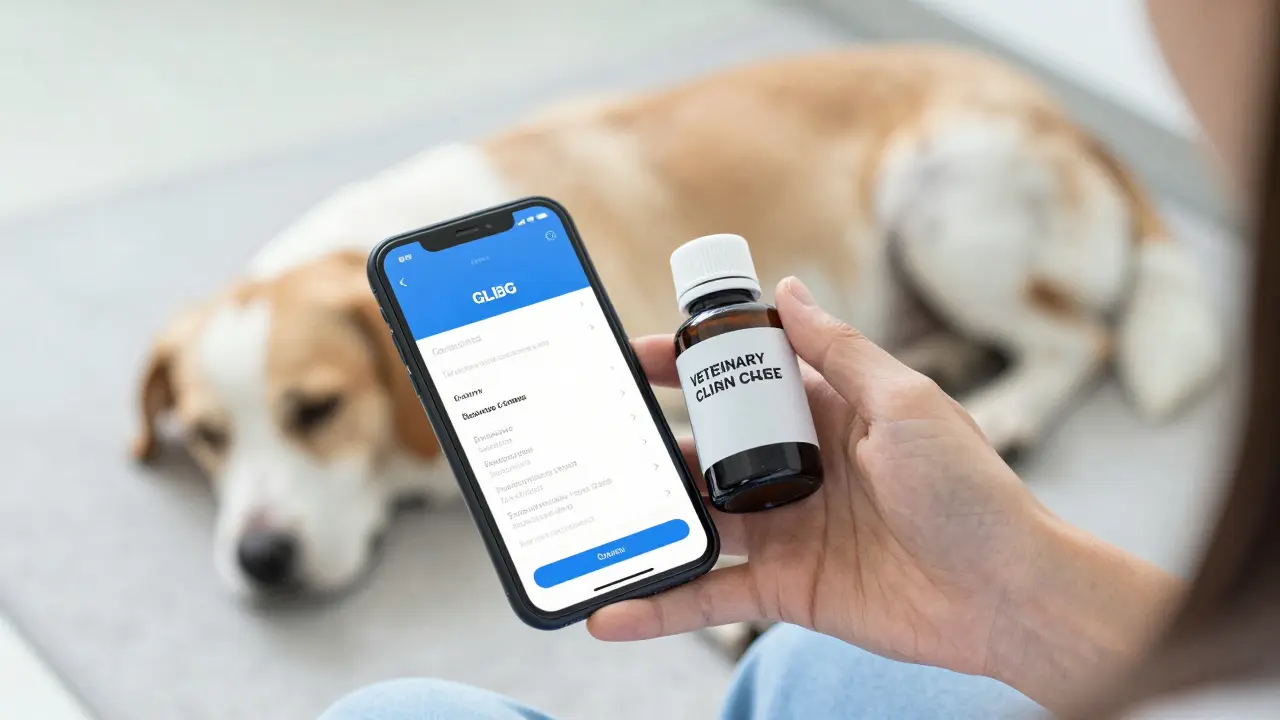 Рука владельца с сорбентом и телефоном с номером ветклиники на фоне собаки