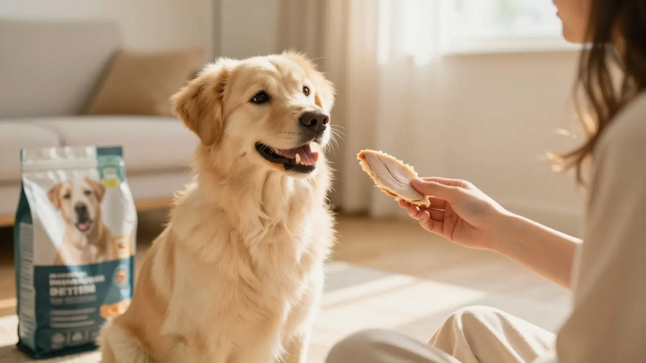 Счастливая собака получает маленький кусочек курицы в качестве лакомства
