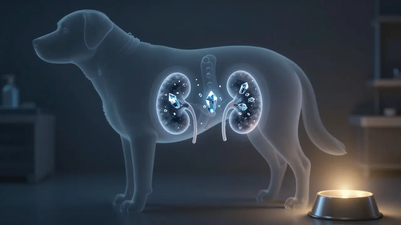 Схематичное изображение почек собаки с кристаллами солей, возникшими из-за обезвоживания
