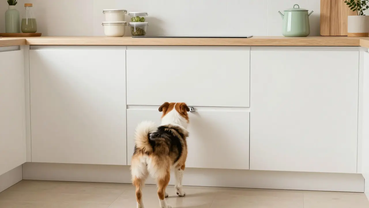 Собака в безопасной кухне с закрытыми шкафами и герметичными контейнерами