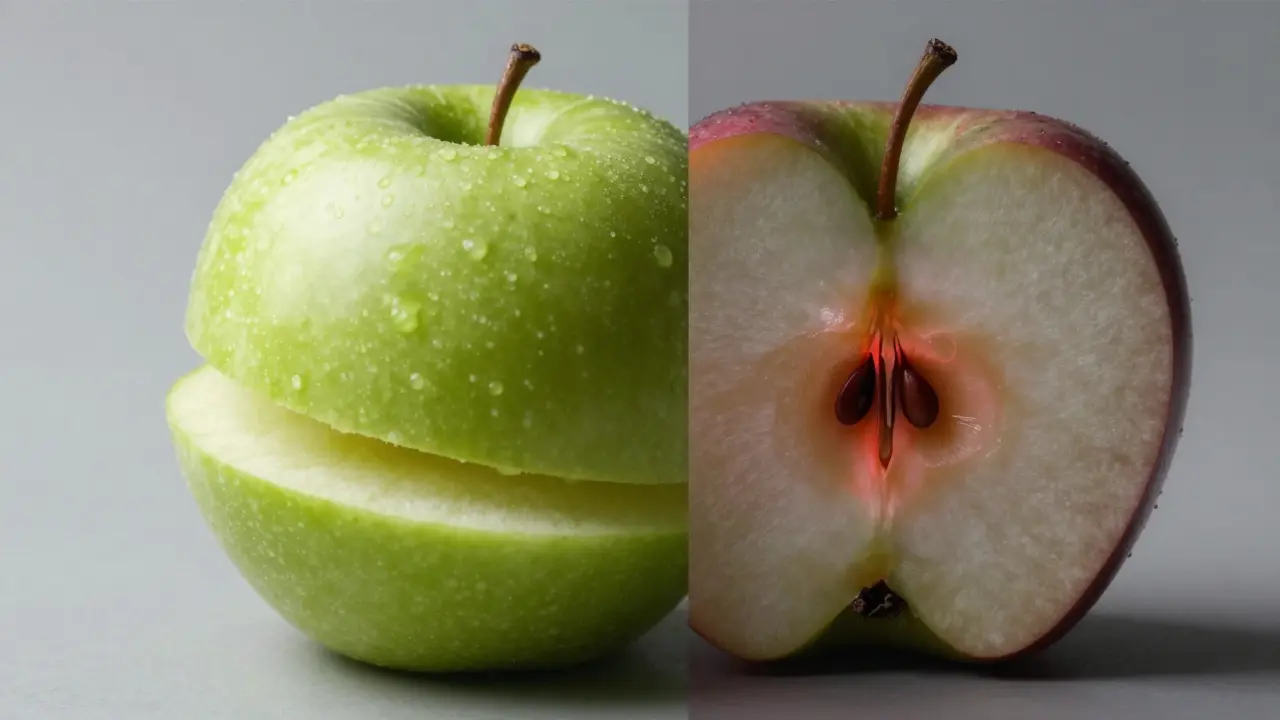 Сравнение безопасных ломтиков яблока и опасной сердцевины с семечками