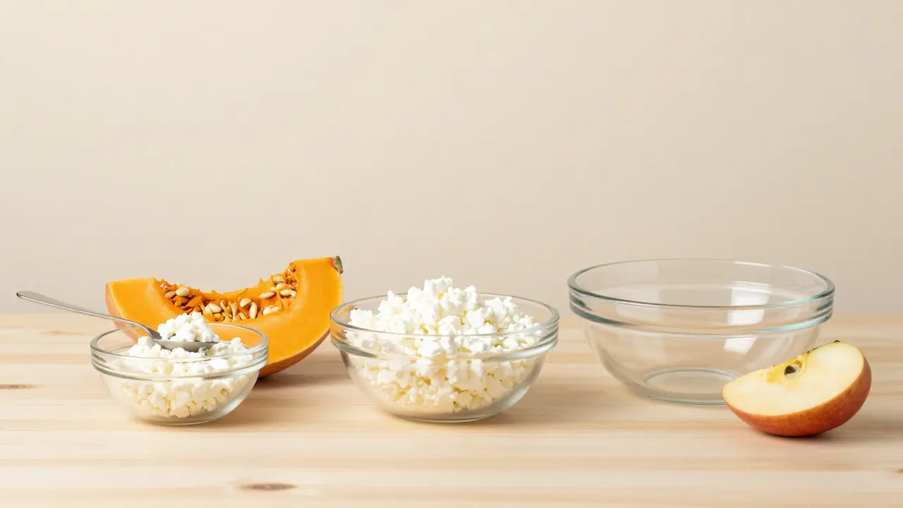 Три разные порции творога в мисках для собак маленького, среднего и крупного размера