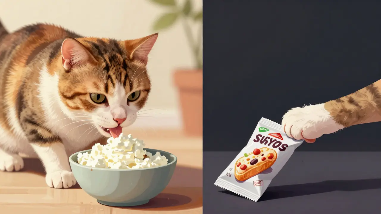 Кошка ест полезный творог, отвергая сладости