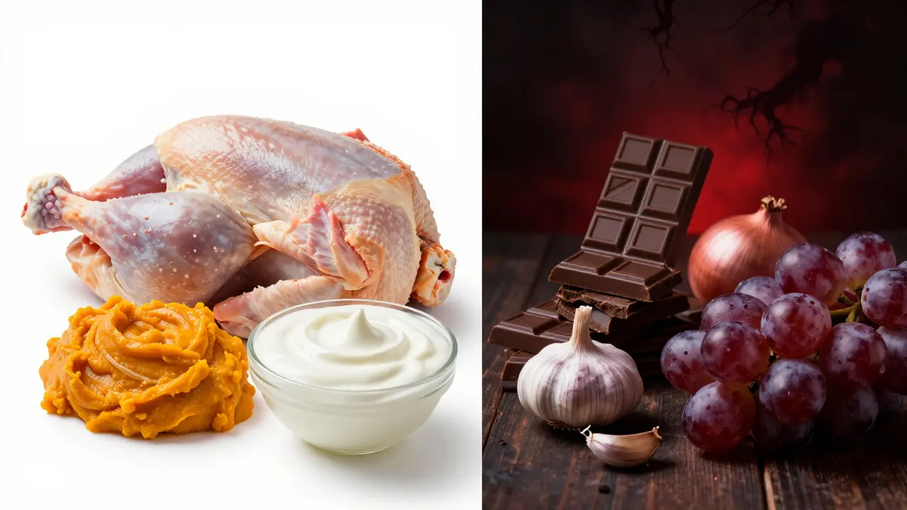 Сравнение безопасных и опасных продуктов для кошек на кухне