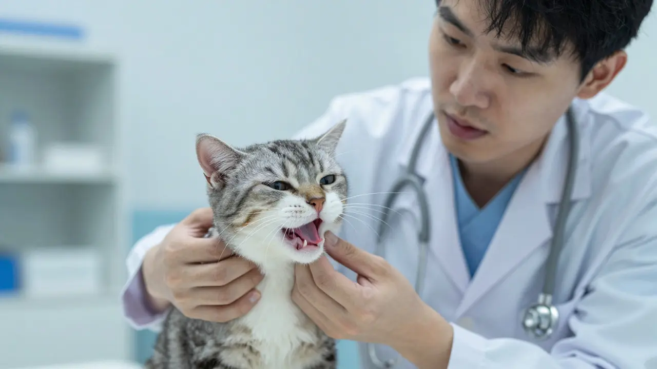 Ветеринар проверяет бледные десны у вялого кота в клинике