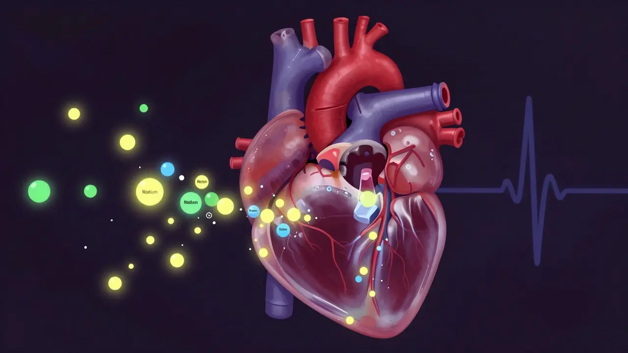 Abstract illustration of dog heart with electrolyte particles