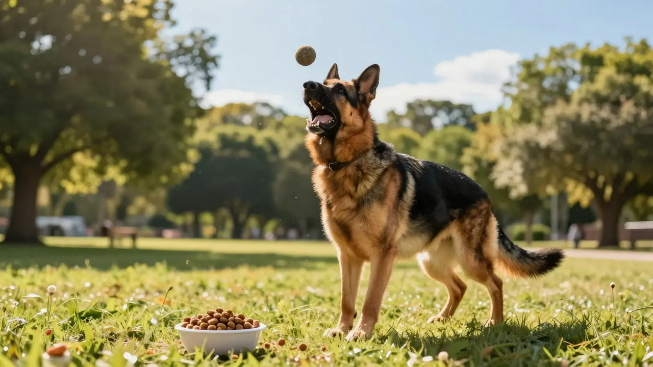 Active German Shepherd playing in park with food bowl