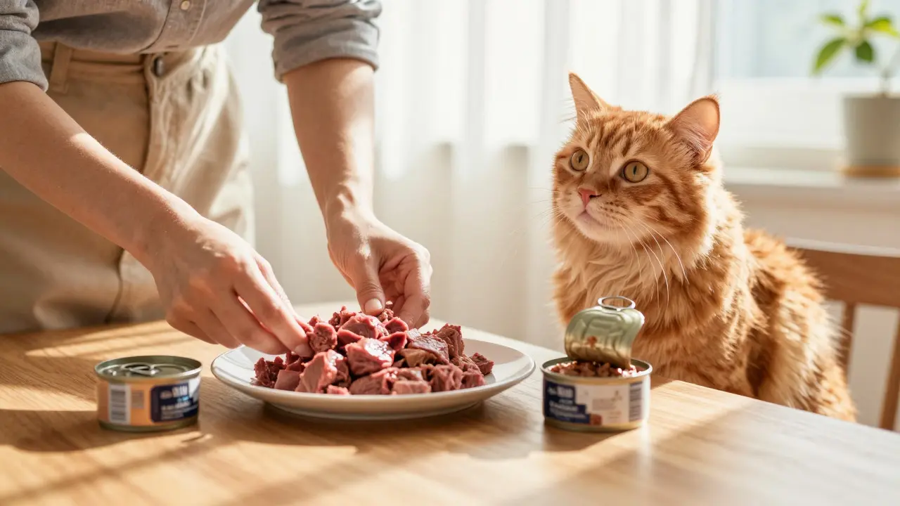 Владелец готовит свежее мясо и консервы для кошки