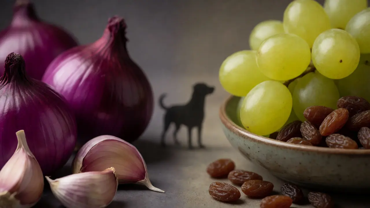 Художественная композиция из лука, чеснока и винограда как опасных продуктов