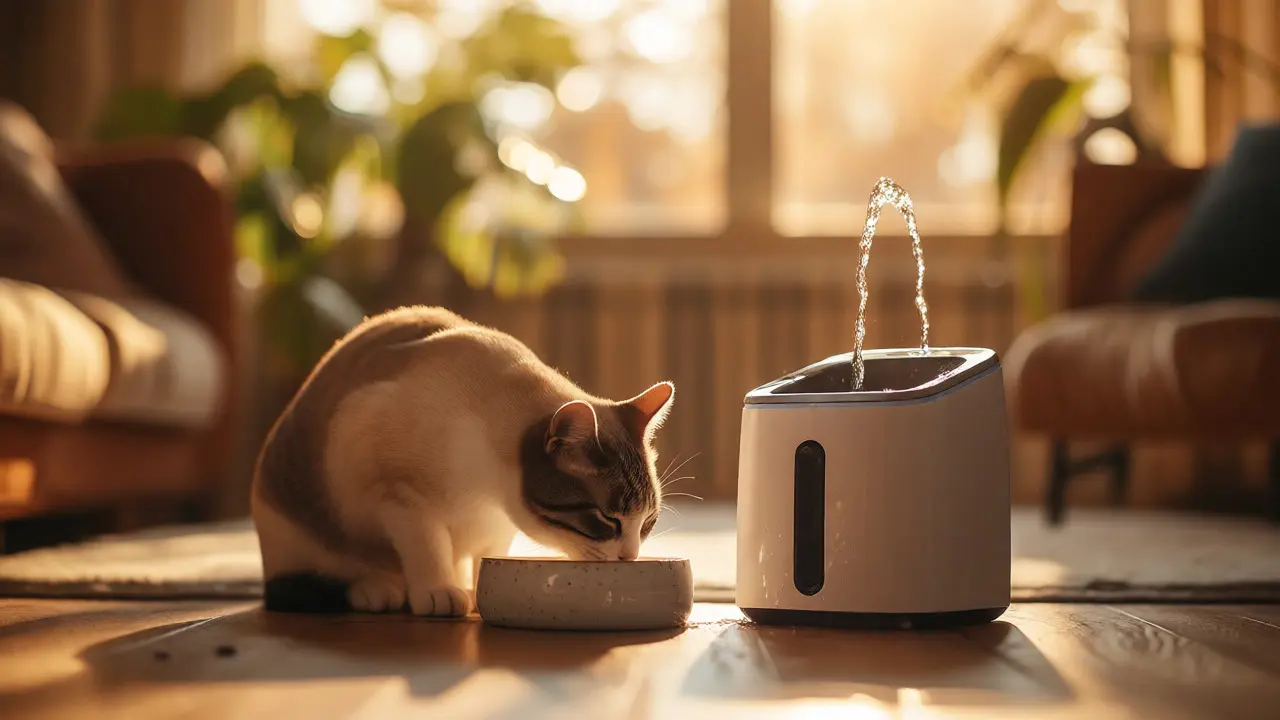 Кошка ест из миски рядом с работающим фонтанчиком для воды в солнечной комнате