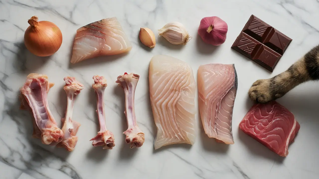 Лапа кошки тянется к сырому мясу среди опасных продуктов