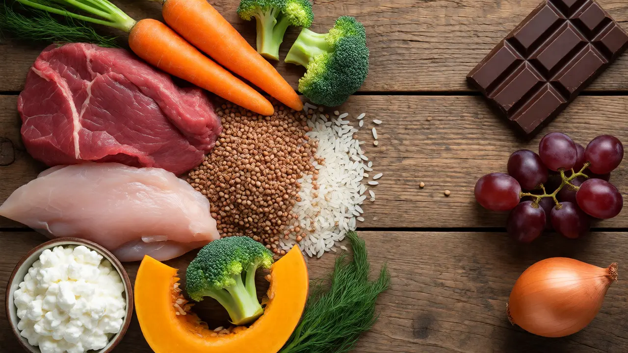 Раскладка здоровых продуктов для собаки: мясо, крупы, овощи и запрещенные лакомства на столе.